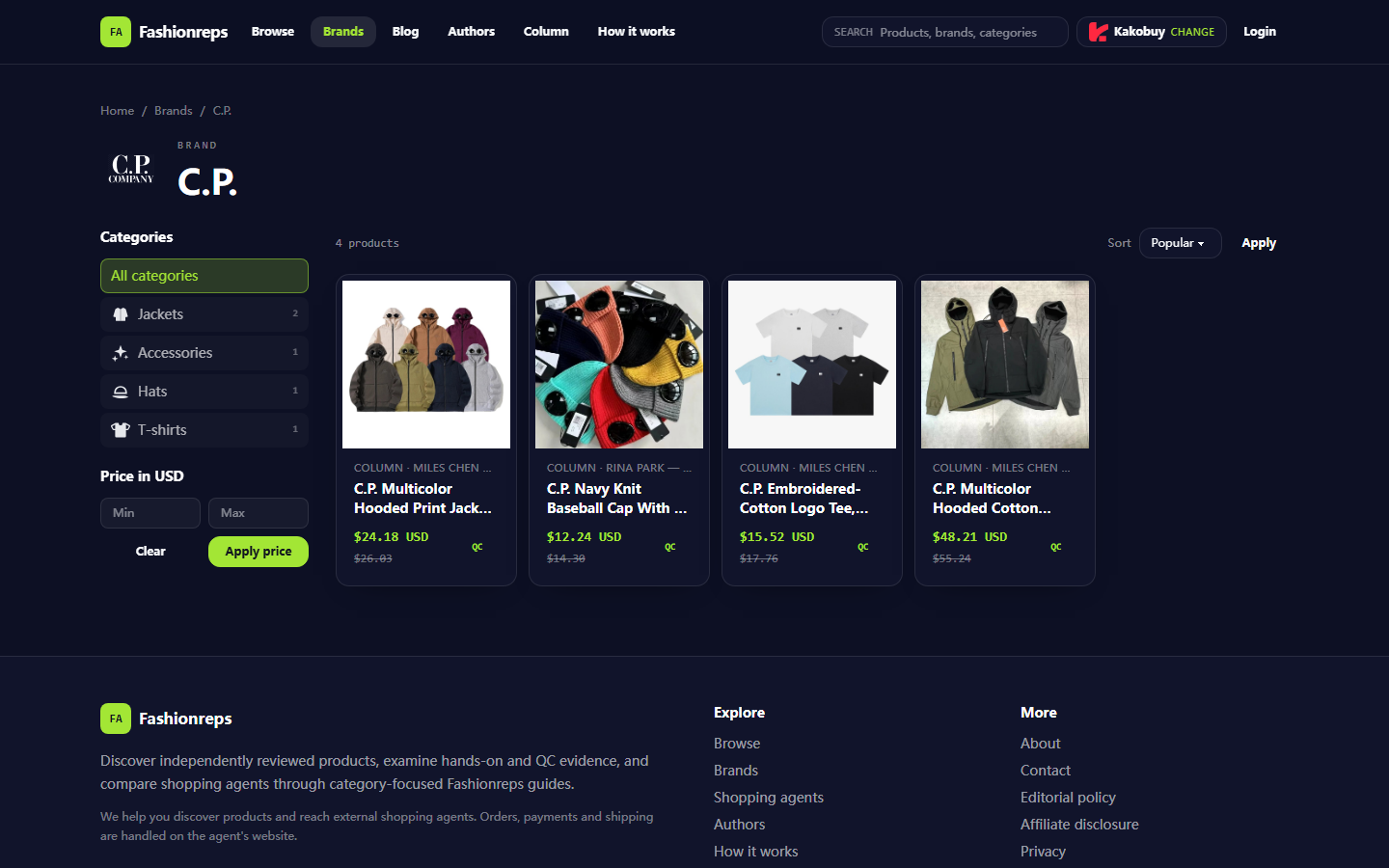 Example of fashion-reps brand page showing brand product listing and shopping agent entry