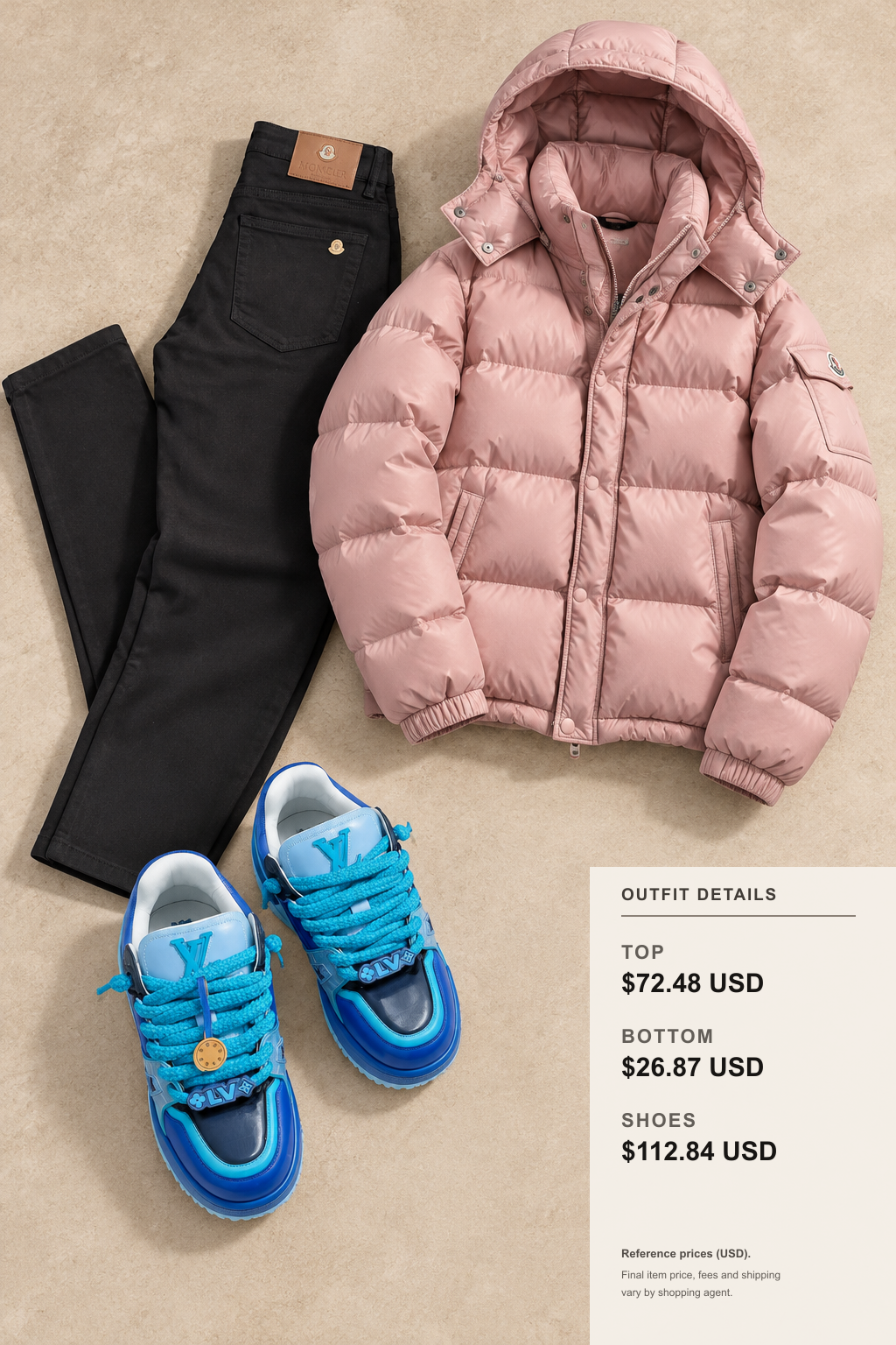 Moncler Winter Jacket: 3 Color Outfit Ideas outfit 2 editorial flat lay for fashionreps